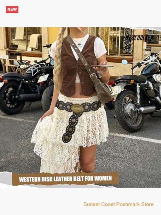 Western Concho Disc Belt Faux Leather Black Bronze Cowgirl Festival Boho main image 7